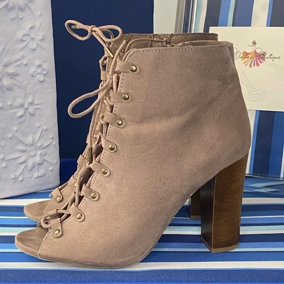 Light brown/beige suede like lace up open toe chunky high heel ankle booties - Picture 4 of 15